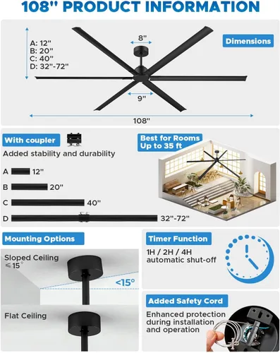 Vista 7 de Ventilador de techo industrial de 108 pulgadas, ventilador de techo comercial grande con 6 aspas de aluminio, ventilador HVLS para taller, garaje