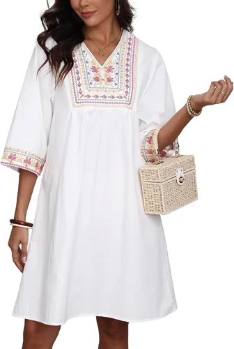 Vista 3 de Higustar Mini vestidos de verano de algodón blanco para mujer, estilo mexicano, estilo bohemio, vestido tipo babydoll para mujer