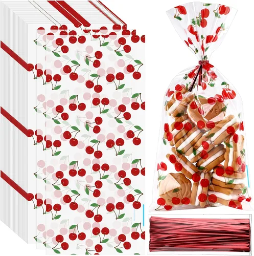 Vista 8 de Yexiya - 100 bolsas de celofán de cereza, lazos rosados, bolsa de regalo