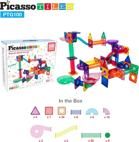Vista 7 de PicassoTiles Paquete de 100 azulejos magnéticos + 100 piezas de canicas para carreras de carreras divertido y creativo, juguete sensorial educativo