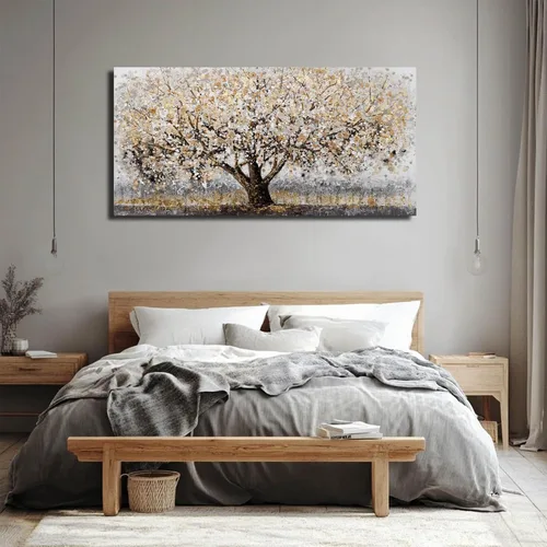 Vista 3 de CHUDANHAO Arte abstracto de graffiti gris para pared, pintura de árbol grande, impresiones fotográficas doradas, arte moderno en lienzo
