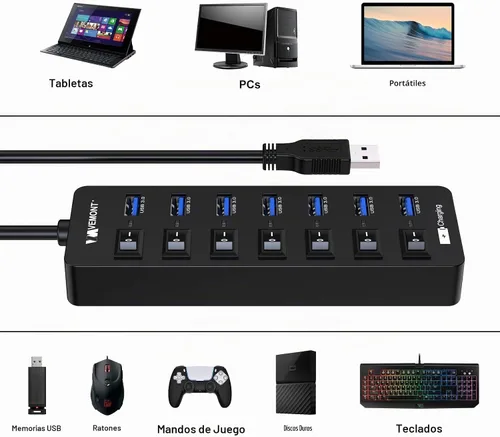 Vista 5 de Hub USB 3.0 alimentado, concentradores VEMONT de 7 puertos múltiples USB y 1 puerto de carga inteligente USB con fuente de alimentación de 5 V/3 A