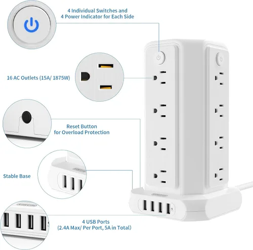 Vista 5 de NTONPOWER - Regleta protectora de sobretensiones en torre, 16 salidas y 4 puertos USB, estación de carga de escritorio, interruptor individual