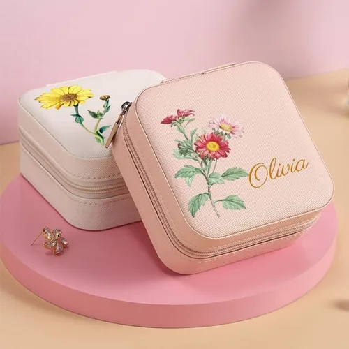 Vista 6 de Caja organizadora de joyas de viaje personalizada, cajas de regalo portátiles personalizadas con nombre, con iniciales, regalos de dama de honor