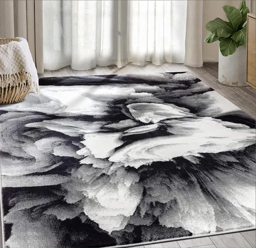 Vista 2 de Abani Rugs - Alfombra moderna de 2 x 3 pies, diseño floral en blanco y negro, alfombra 3D geométrica contemporánea, colección Arto