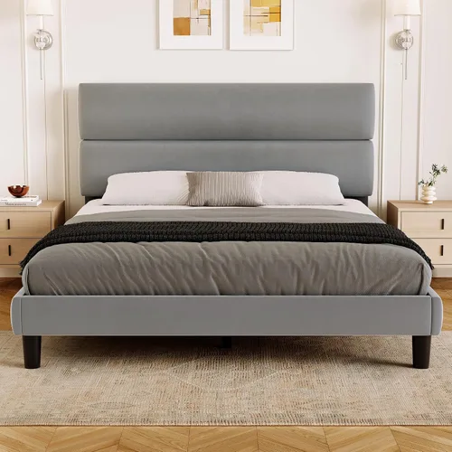 Vista 14 de GRUSIGN Base de cama de plataforma de tamaño individual con cabecera de terciopelo, soporte de listones de madera de altura ajustable, base
