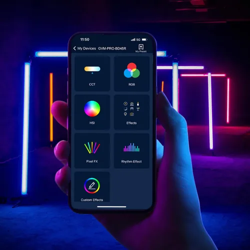 Vista 4 de GVM - Tubo de luz RGB con caja de luz, 2 paquetes de luz de varita de mano de 45 W, tubo de luz LED a todo color de 48 pulgadas, luz de palo