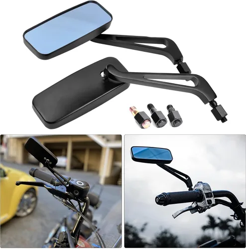 Vista 2 de Black Rectangle Motorcycle Bobber espejos para motocicleta cruiser chopper con humo azul 8 mm-10 mm, Negro