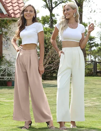 Vista 3 de DACESLON Pantalones casuales de pierna ancha para mujer 2023, cintura alta elástica en la espalda, pantalones de trabajo de negocios, pantalones