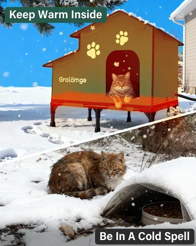 Vista 4 de Gran casa de gatos climatizada al aire libre para múltiples gatos, refugio con techo de aguja aislada y resistente a la intemperie