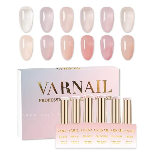 Vista 12 de VARNAIL Rainbow Candy Jelly - Kit de esmalte de uñas de gel de 6 colores y capa base de regalo, kit de esmalte de gel transparente arcoíris