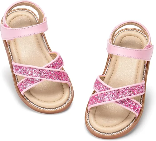 Vista 55 de Sandalias de verano para niñas con puntera abierta, sandalias planas de princesa con suela cómoda D742 Oro