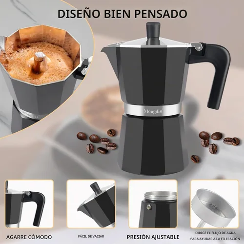 Vista 5 de Mongdio - Cafetera de café espresso para estufa Moka, Cafetera Cubana para estufa, Cafetera Mocha Greca Italiana, para 6 tazas de espresso, 10 onzas