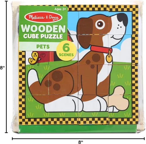 Vista 9 de Melissa & Doug Rompecabezas de mascotas en cubo de madera con bandeja de almacenamiento (16 piezas)
