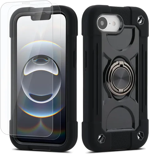 Vista 101 de Funda para iPhone 11 de 6.1 pulgadas con soporte de anillo, con 2 protectores de pantalla de vidrio, resistente a los golpes, resistente a