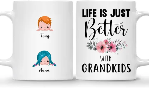 Vista 11 de Gossby Taza personalizada Life is Better With GrandKIDS (1 niño), taza personalizada de regalo para abuelos con avatares de nietos, nombres, 11