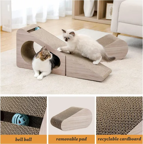 Vista 4 de PAWZ Road Rascador de gato, rascador triangular de cartón para gatos de 28.3 pulgadas, almohadilla grande para rascar 2 en 1, rascador de túnel