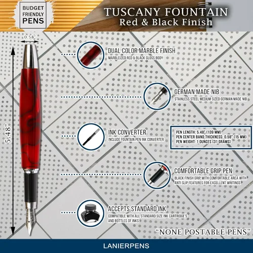 Vista 5 de Pluma estilográfica Toscana roja y negra, cuerpo brillante marmoleado Rojo & negro