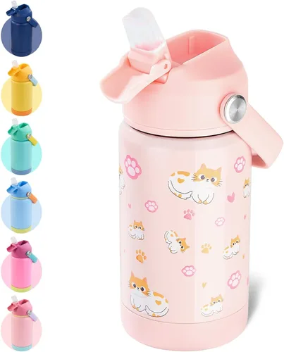 Vista 38 de Kerilyn - Botella de agua para niños, de acero inoxidable, con pajilla a prueba de fugas, con aislamiento térmico, libre de bisfenol A, unisex