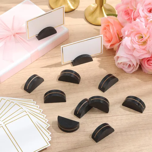 Vista 4 de Maitys 48 soportes de madera para números de mesa de boda, soporte para nombre de mesa de boda, diseño semicircular, tarjeteros con 48 tarjetas
