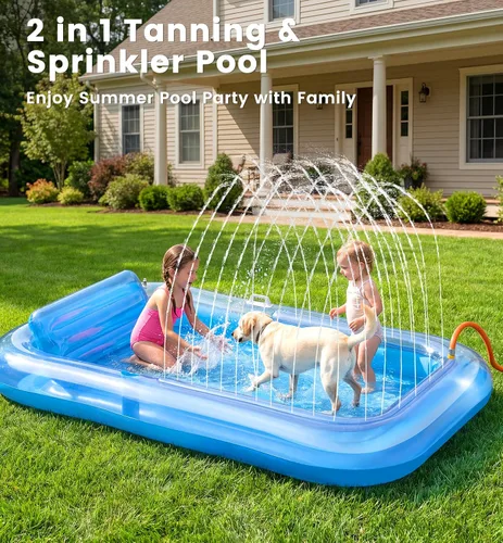 Vista 2 de Inflatable Tanning Pool Lounger Float with Sprinkler, 77" x 48" XL Tanning Pool for Adults with Pillow & Cup Holder, 6 in 1 Suntan Tub Sunbathing