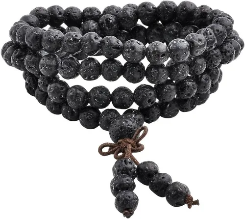 Vista 6 de Jovivi Pulsera de 6 mm y 8 mm con cuentas de piedra de lava natural, 108 cuentas de oración budista tibetana, collar y pulsera mala