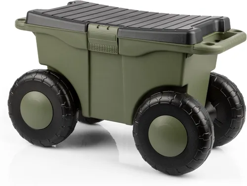 Vista 13 de Pure Garden - Carrito de jardín rodante con asiento, almacenamiento de plástico con banco y bandeja interior de herramientas, taburete de jardinería