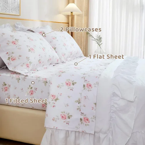 Vista 3 de QSH Juego de sábanas florales tamaño Queen - Vintage chic desgastado, flores de rosa, 100% algodón, ropa de cama estampada, sábanas tamaño Queen