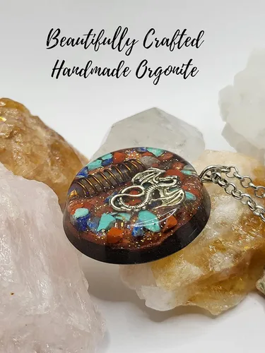 Vista 6 de Hubbering Dragon Angel Quartz Copper Wrapped Power Packed Crystal With Mixed Stones Disk Orgone Pendant - Unique Handcrafted Orgonite