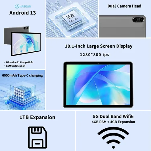 Vista 3 de VASOUN Tablet Android 13 de 10 pulgadas, (expansión de 4+4 GB) RAM 64 GB de almacenamiento 2 en 1 tabletas con WiFi 2.4/5G, BT 5.0, funda de cuero