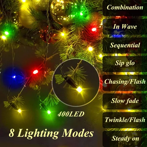 Vista 4 de aneeway 400 luces LED para árbol de Navidad, luces de Navidad con 8 modos de luz y función de memoria, 16 cadenas de luces de 6.6 pies con función
