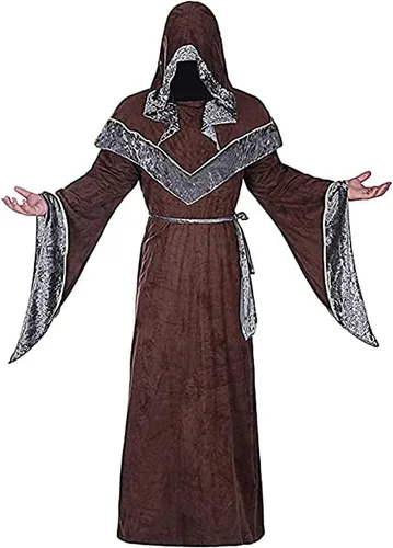 Vista 5 de Disfraz de bruja para hombre bata de brujo estilo medieval vintage renacentista con capucha capa