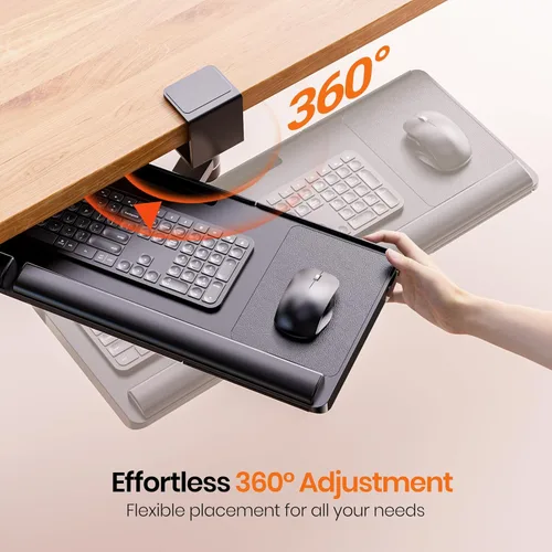 Vista 4 de Klearlook Bandeja para teclado debajo del escritorio con rotación de 360°, cajón ergonómico para teclado y ratón de computadora de 25" de ancho ×