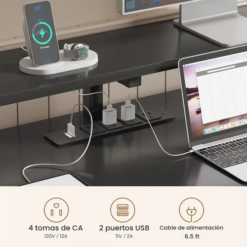 Vista 6 de SEDETA Escritorio para computadora con 5 cajones, toma de corriente, luces Negro con luces LED