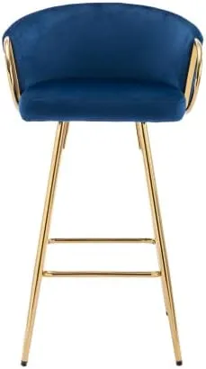 Vista 3 de Taburetes de bar modernos de terciopelo, juego de 2 taburetes de bar con respaldo y reposapiés cromados, taburetes de bar altos con patas doradas
