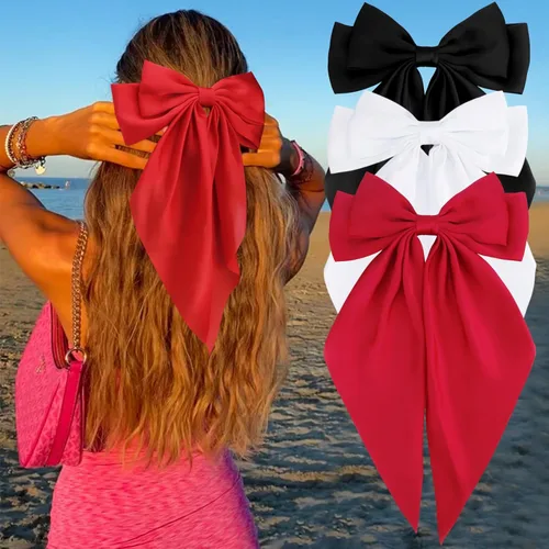Vista 31 de Velscrun Lazos para el cabello para mujeres y niñas, 3 unidades, lazo blanco, lazo negro, azul marino, lazos grandes para el cabello con clip, lazos