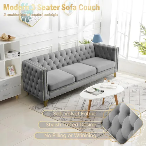 Vista 4 de Sofá de terciopelo de 3 plazas, cómodos sofás para sala de estar, sofá moderno con respaldo copetudo y decoración de remaches, sofá largo tapizado