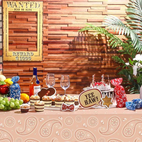 Vista 5 de Tatuo Mantel de fiesta del oeste con estampado de cachemira, mantel de bandana, mantel de plástico rectangular con flores para fiesta temática