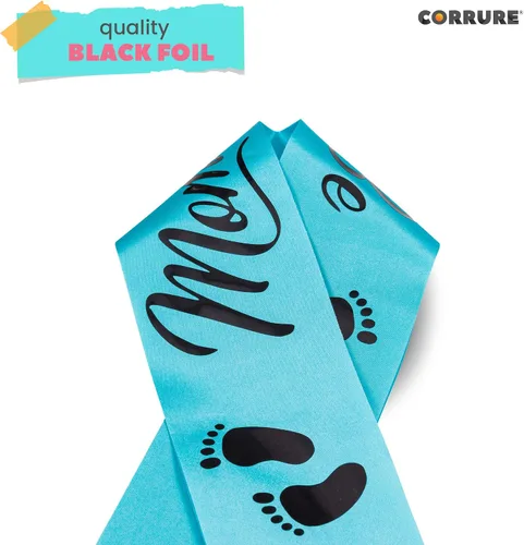 Vista 6 de CORRURE Baby Shower Mom to Be Faja para niño o niña – Hermosa cinta azul y texto de aluminio negro – Ideal para revelación de género, regalos