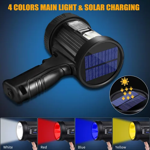 Vista 6 de Foco recargable, 99000 lúmenes, linterna LED brillante, reflector de luz de larga duración, focos de mano para exteriores con paneles solares