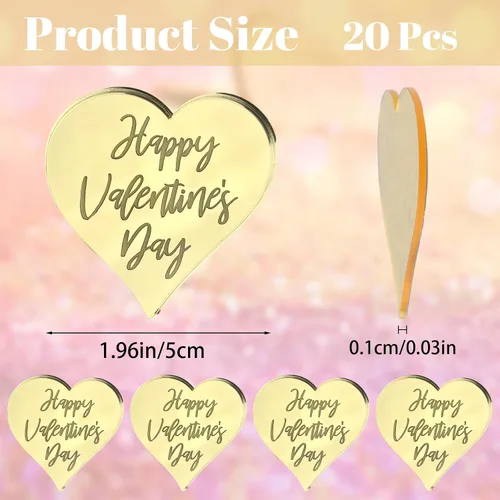 Vista 2 de Decoración para el Día de San Valentín – 20 unidades de discos y palillos para tartas de corazón, decoración de acrílico con espejo