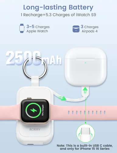 Vista 3 de RORRY CharmGo - Cargador para Apple Watch, cargador portátil de 2500 mAh Blanco