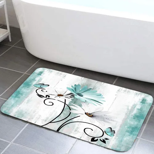 Vista 17 de Alfombra de baño rústica de granja, diseño de margaritas y mariposas en madera de campo, tapete de baño de madera color gris, blanco, azul marino