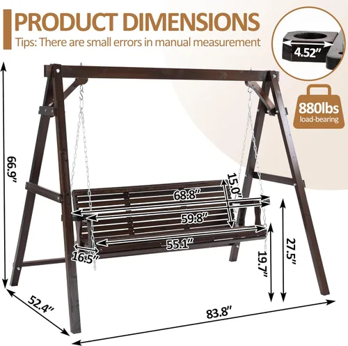 Vista 4 de Finnhomy Marco de Columpio de Porche de Madera Resistente de 880 Libras, Banco Silla de Columpio de Patio de Madera con Cadenas Colgantes, Soporte