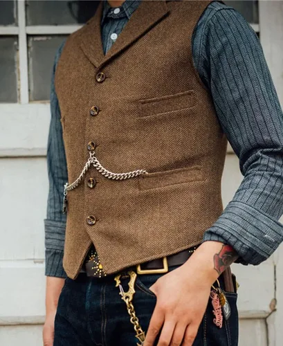 Vista 4 de Chaleco clásico de lana Tweed para hombre chaqueta sin mangas chaleco de espiga para esmoquin