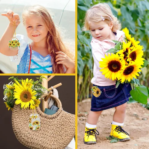 Vista 6 de 20 llaveros de pintura de diamante de gnomo de girasol, kit de llavero de diamante 5D, kit de fabricación de llaveros de gnomo de granja para niños