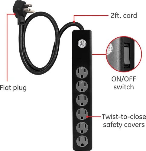 Vista 2 de GE 54626 Protector de sobretensiones de 6 tomas, 2 unidades, cable de extensión de 2 pies, 450 julios, enchufe resistente, tapas de seguridad
