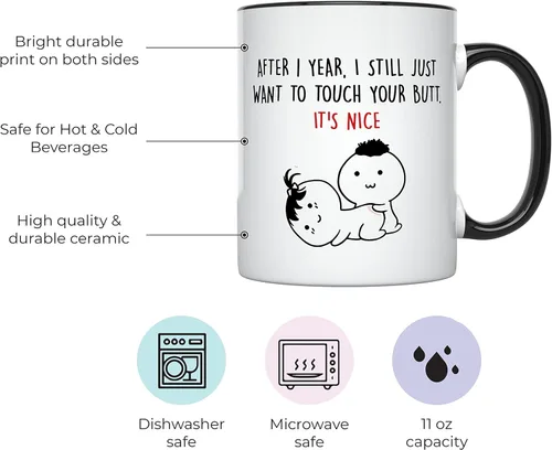 Vista 2 de YouNique Designs Taza de café de aniversario de un año, 11 onzas, Taza del primer aniversario para esposa, 1 Año Fechado Taza para ella (Mango negro)