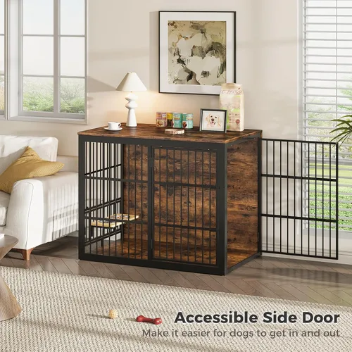Vista 3 de Lyromix Mueble de jaula para perros XXL de 48 pulgadas con alimentador giratorio, mesa auxiliar de madera grande, jaula de interior resistente