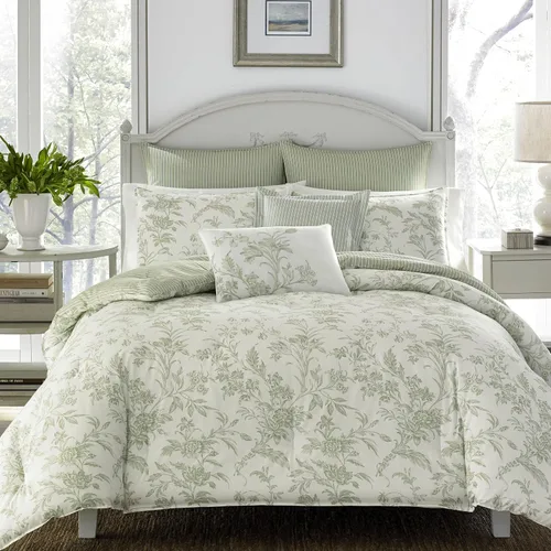 Vista 24 de Laura Ashley - Juego de edredón King, ropa de cama de algodón suave y reversible, juego de cama de peso medio de 7 piezas con fundas de almohada a